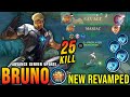 25 Kills + SAVAGE!! Bruno Revamp 100% Deadly!! - New Revamp Tryout ~ MLBB
