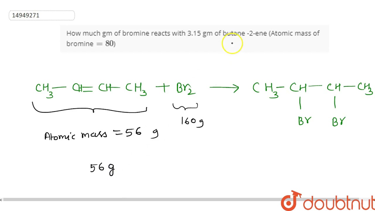How much gm of bromine reacts with .15 gm of butane 2ene (Atomic mass of bromine`=80`) YouTube