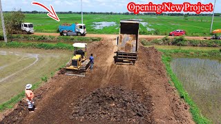 Opening​ New Project !!! On The 100M Road Dump Truck Take Bulldozer To Pushing Soil into water