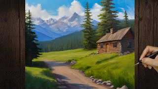 Landscape Oil Painting | Cabin in the Woods | Mountains and Pine Trees