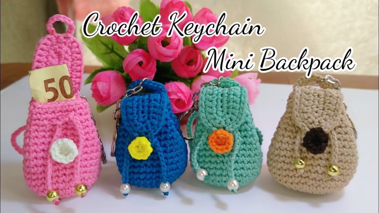 How to Crochet Miniature Spring Backpack (with English Subtitles) 