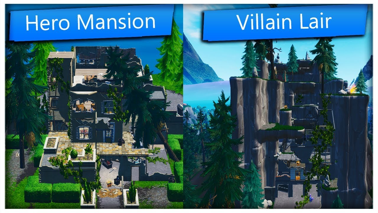 Land at a run down Hero Mansion and an abandoned Villain Lair (Fortnite
