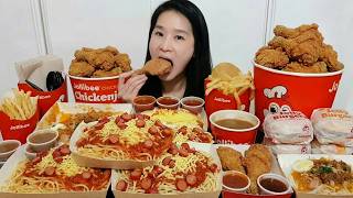 Jollibee Cheat Day! Burger Steak with Adobo Rice, Palabok, Chickenjoy & Spaghetti | Mukbang ASMR