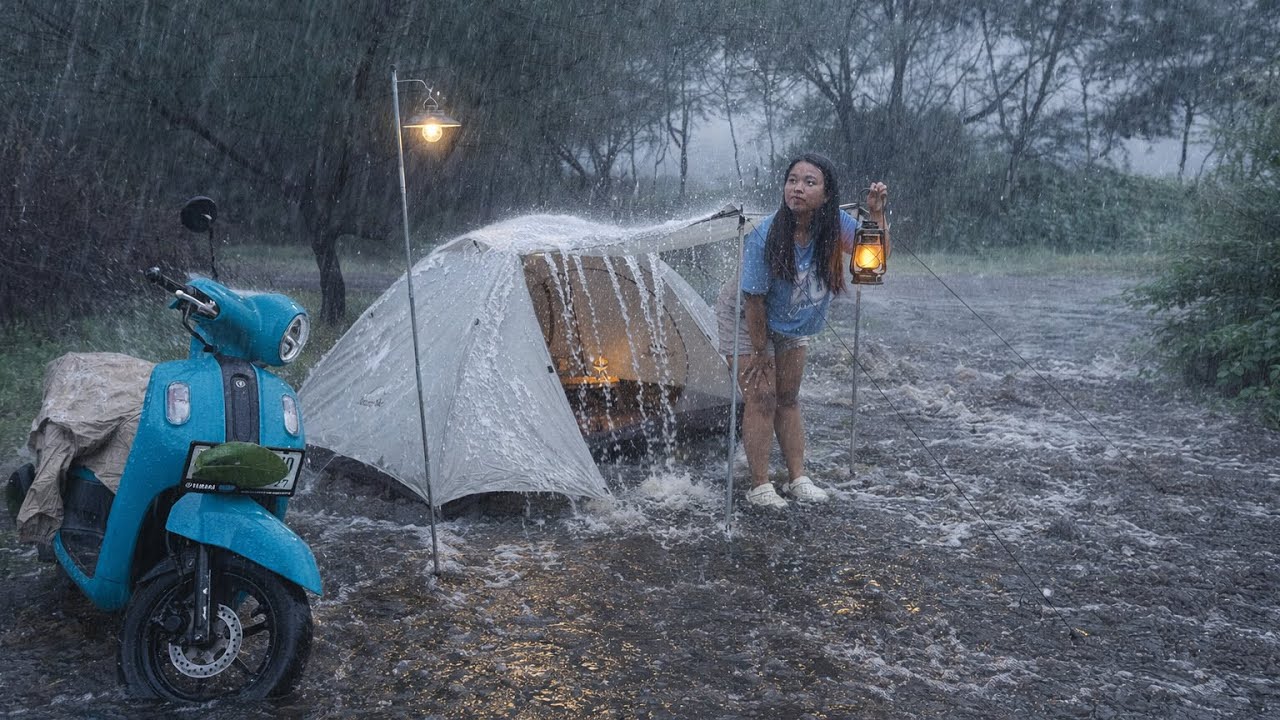 Girl Camping Alone in the Heavy Rain ⛈️ | Warm Tent, Cooking & the Soothing Sound of Rain