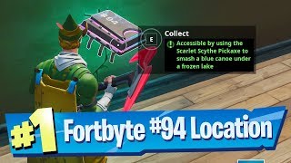 Fortnite Fortbyte Location Accessible Using Scarlet Scythe To Smash Blue Canoe Under Frozen Lake