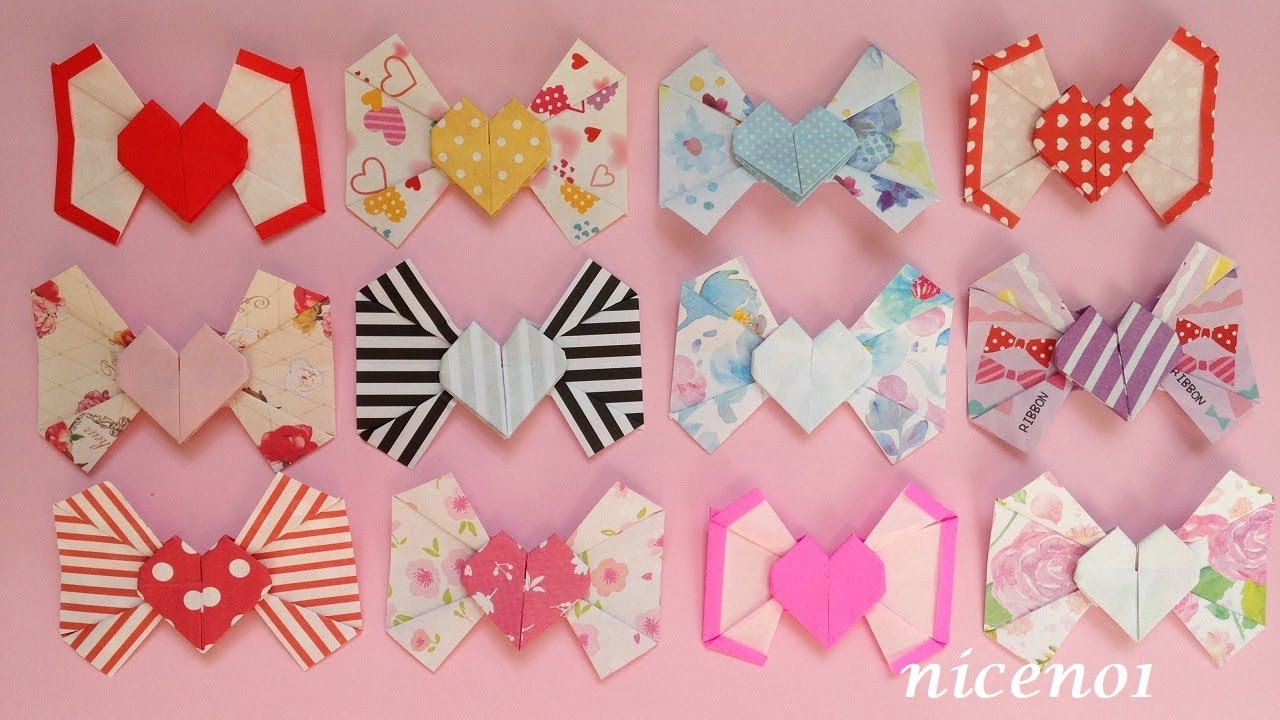 折り紙 リボン ハート付き 2色の折り方 Origami Bow With Heart 2color Tutorial Niceno1 Youtube