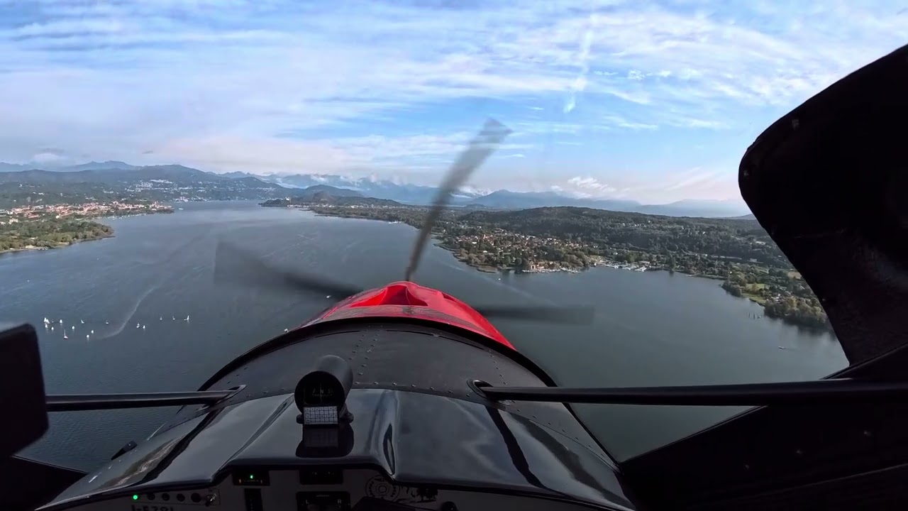 Groppo G70 “Eddie” STOL plane; takeoff from Picchio Airfield over Lake Maggiore, Italy.