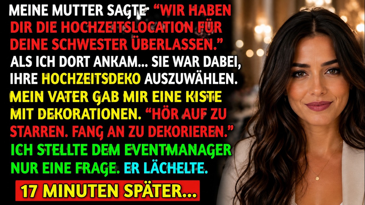 „Hör auf zu starren“, sagte mein Vater und drückte mir einen Karton mit Dekorationen in die Arme. „Fang an zu dekorieren.“ Ich stand in meiner eigenen Hochzeitslocation – und meine Schwester...