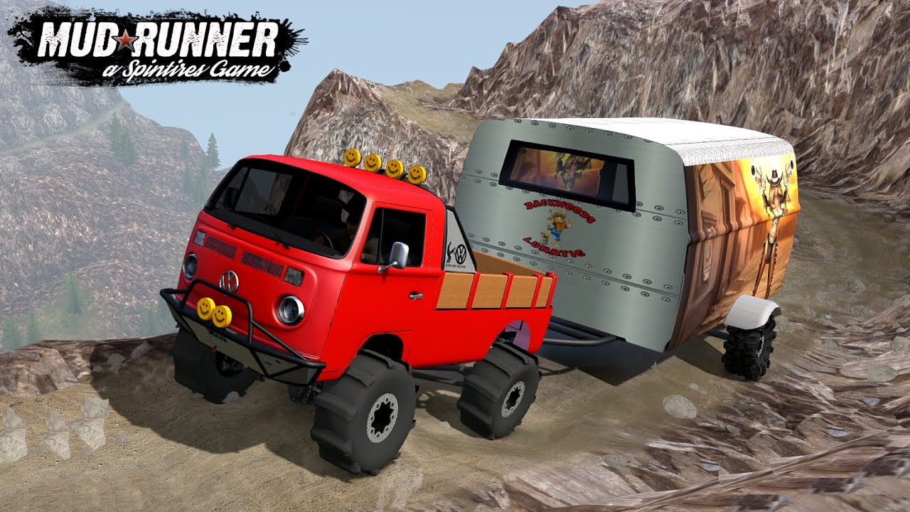 Spintires MudRunner VW Type2 Crawler With Trailer Driving Uphill On A Narrow Road
