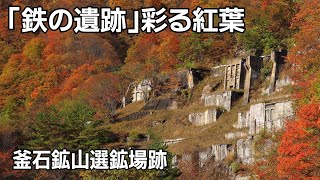 「鉄の遺跡」彩る紅葉　釜石鉱山選鉱場跡