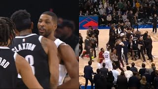 Tristan Thompson ejected for bumping Nic Claxton to floor and it gets heated 👀
