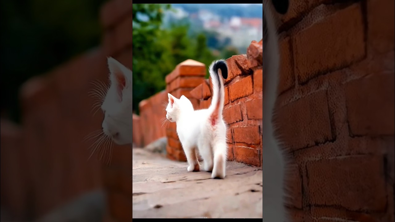 Cute kitten walking on a wall 