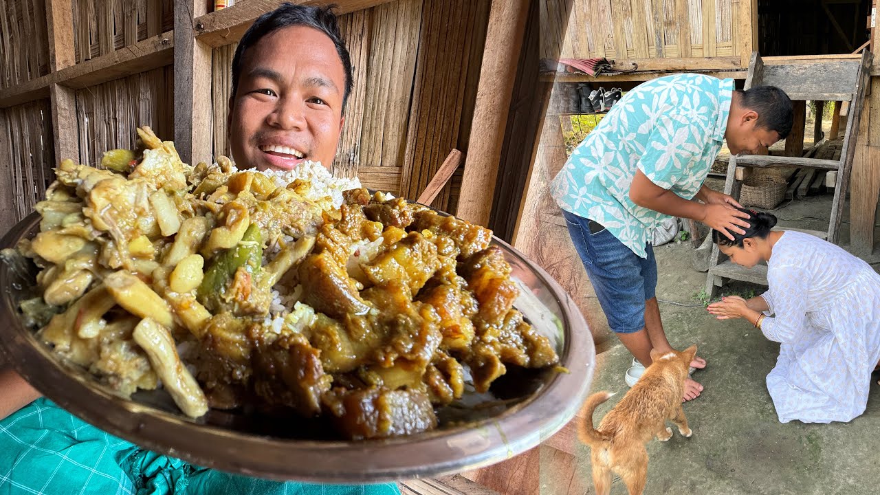 Eating Pork Thali with Wild Mix Vegetables | Celebrate Bizu festival with Friend | Wife ko Blessing