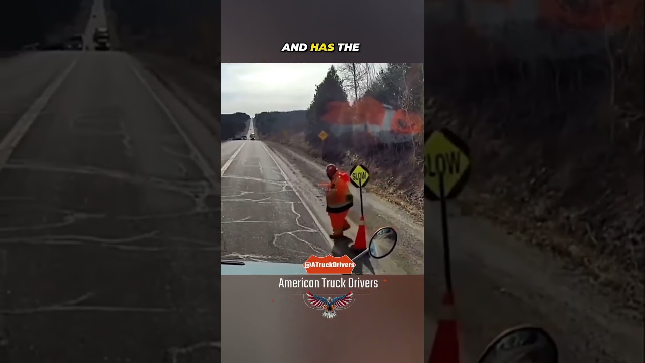 Distracted truck driver ends up in the shoulder, forcing a construction worker to run for safety.