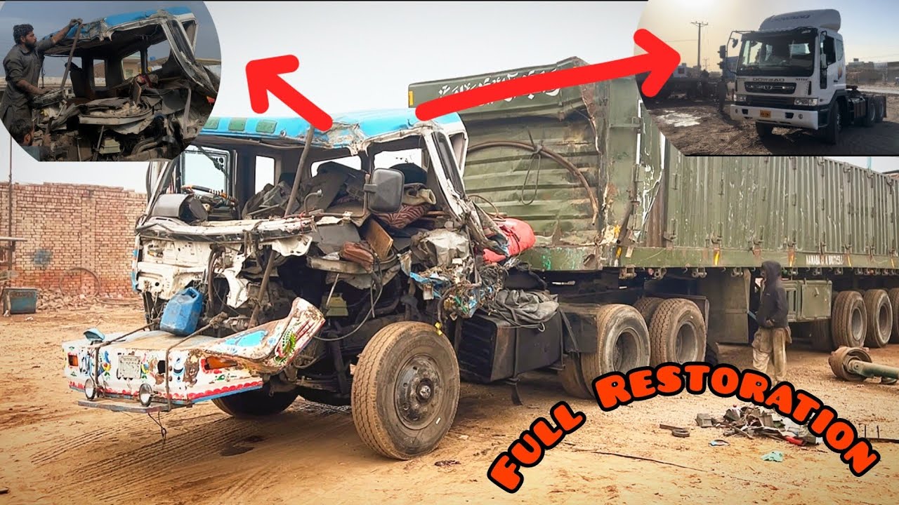 Restoration of full destroyed heavy duty truck Repair again into new condition with mechanic skills.