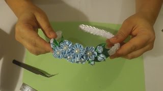 Ободок с маленькими цветочками в технике Канзаши  ✿◠✿ + English subtitles