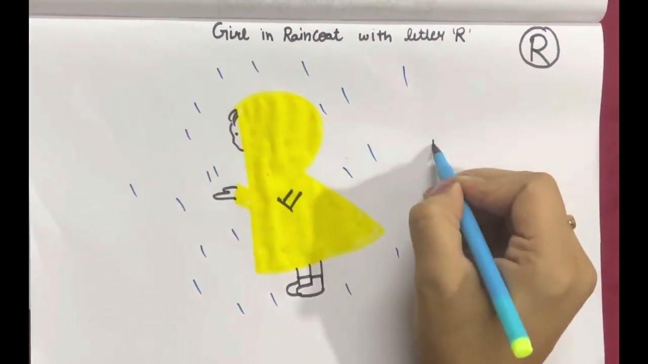How to draw Girl in Raincoat with letter R Step by Step Girl in