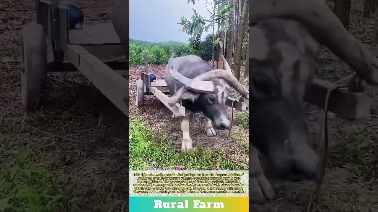 Carabao bull pulling the carabao cart with it rider: rural farmers village life in China