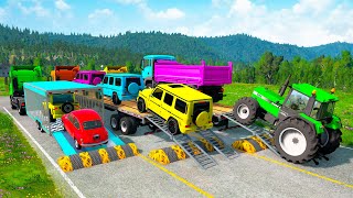 Flatbed Trailer Cars Transportation with Truck - Speedbumps vs Cars vs Train - BeamNG.Drive #05