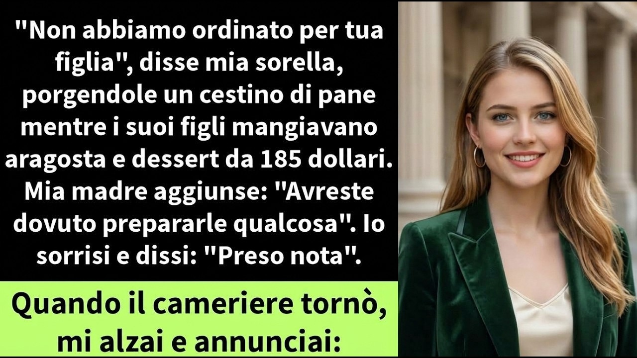 Il cameriere stava per servire l’aragosta a mia figlia quando la mano di mia sorella gli bloccò il braccio: «Non abbiamo ordinato per sua figlia». Poi spinse verso Zuri un cestino di panini freddi...