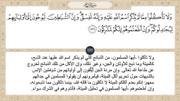 ( ولا تأكلوا مما لم يذكر اسم الله عليه وإنه لفسق وإن الشياطين ليوحون... ) سورة الأنعام ايه رقم 121