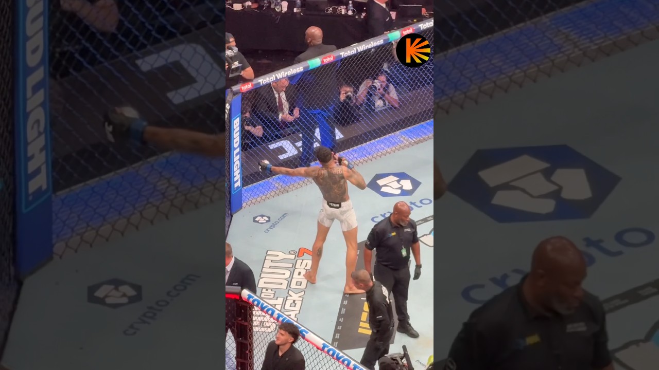Carlos Prates celebrates his incredible knockout victory over Leon Edwards at the UFC 322
