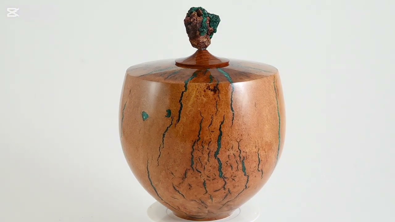 Large handmade Briar Burl wood urn, green mineral and gold inlay, Dioptase lid