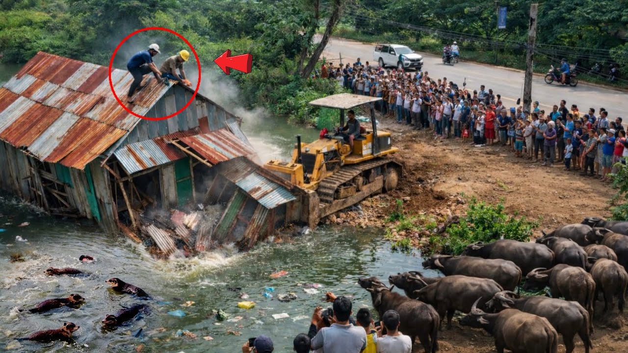 Great new project!! Strong clearing, pushing soil, Old houses into Hug Pond by Bulldozer & Dump Truc