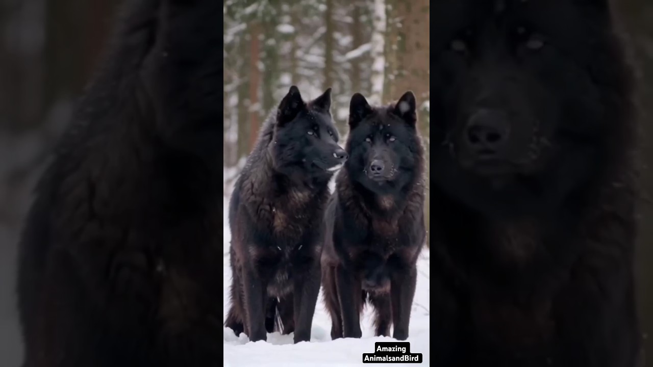 Incredible Wildlife Moment: Black Wolves Bonding in Winter Wonderland