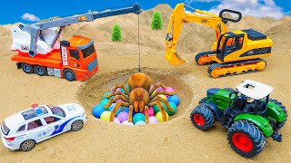 Crane truck rescue construction vehicle and sand leveling with excavator dump truck - Toy car story