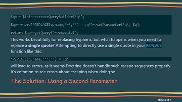 How to Properly Handle Escaping Single Quotes in Doctrine Query Builder with REPLACE Functionality
