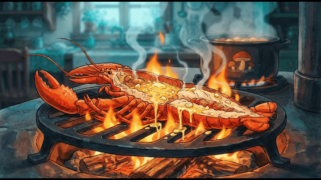 Cooking Grilled Lobster & Creamy Mushroom Soup 🦞 Forest Cabin Life | Ghibli-Style ASMR
