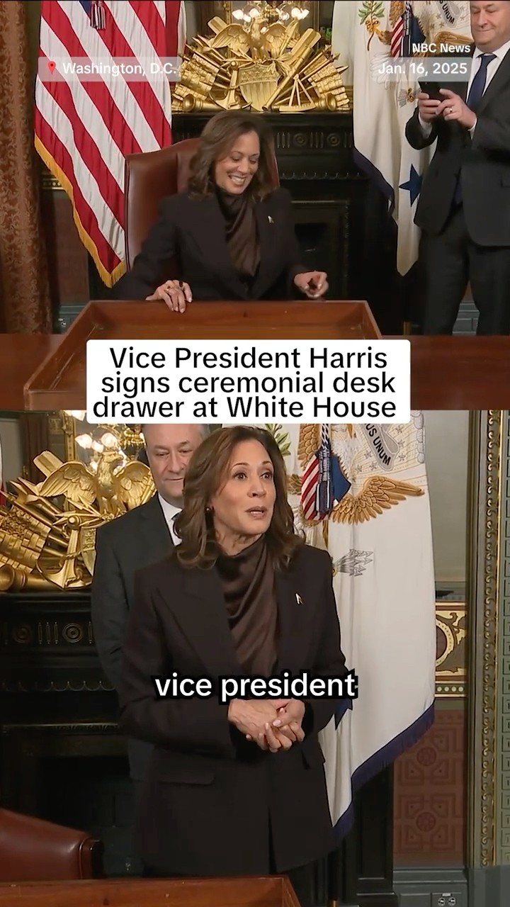 VP Harris signs ceremonial desk drawer at White House