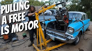 FREE LS MOTOR!  1957 Chevy Falls Off Jack Stands During Motor Pull  Not Good