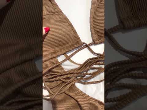 Жіночий суцільний купальник з високою посадкою рубчик із зав'язками навколо талії BLISS коричневий, видео 1