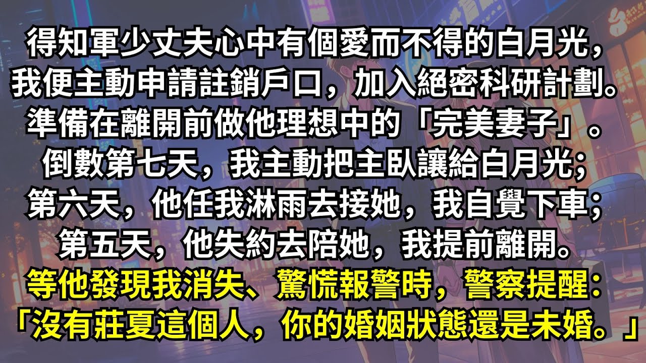 得知軍少丈夫心中有個愛而不得的白月光，我加入國家絕密科研計劃，準備在離開前做他理想中的「完美妻子」。等他發現我消失、驚慌報警時，警察卻冷聲提醒：「沒有莊夏這個人，你的婚姻狀態還是未婚。」