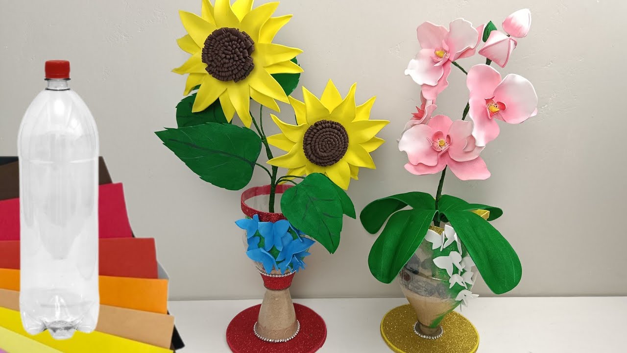 FLORES EM EVA/ JARRO FEITO COM GARRAFA PET - YouTube