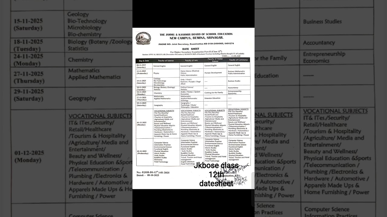jkbose class 12th datesheet 