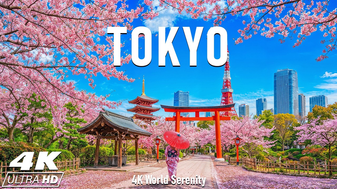 Весна в Токио 4K 🌸 Бульвары сакуры, виды на городскую панораму и цветение реки Сумида