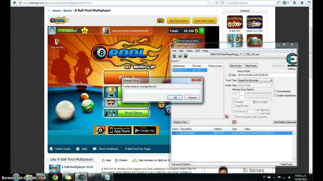 Hack de lineas 8 ball pool, cheat engine 6.3 - YouTube