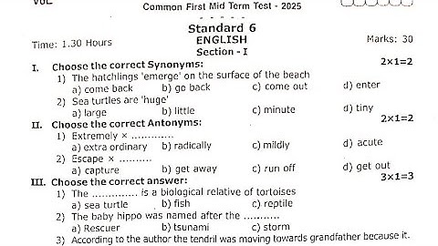 6th std English First Mid Term Exam Original Question Paper 2025/6th std English First mid term exam