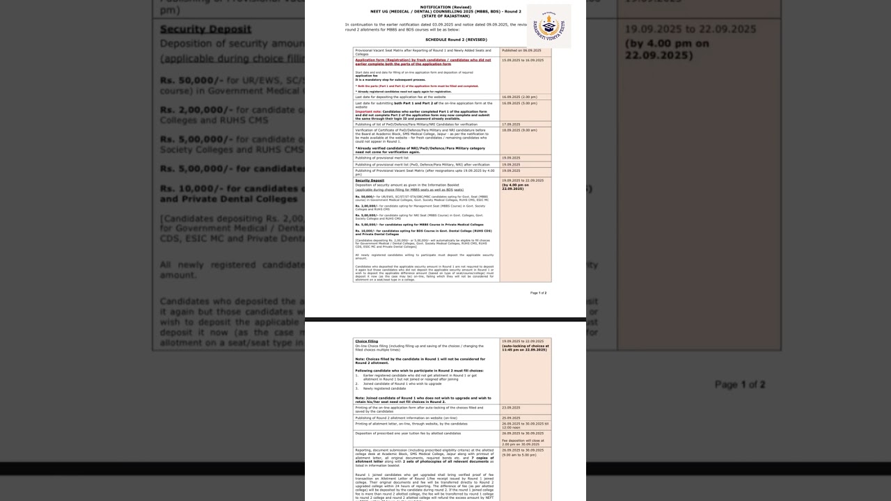 Rajasthan Round-2 Neet 2025 Counselling Revised Schedule Last Date Is 16 Sept Latest Updates 