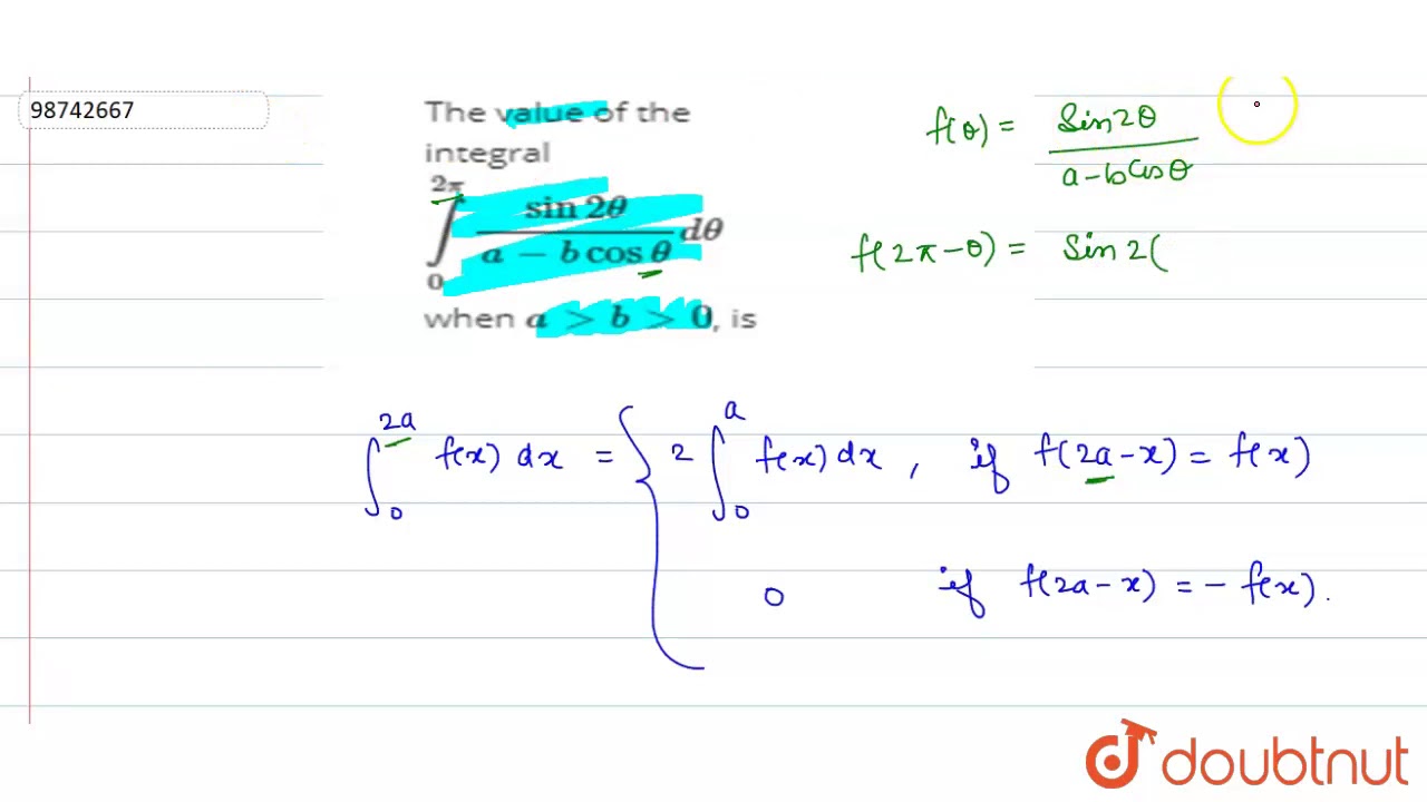 The value of the integral `int_(0)^(2pi)(sin2 theta)/(ab