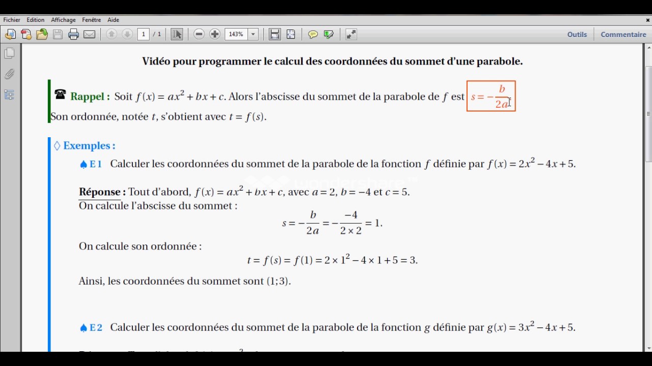 Programmer le calcul des coordonnées du sommet d'une parabole à la