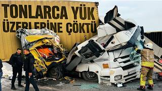 İki Tır Çarpıştı, Dev Yük Üzerlerine Yıkıldı Ortalık Savaş Alanına Döndü