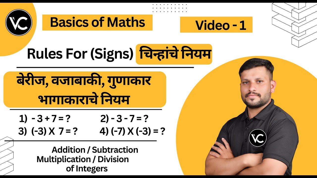Rules for signs (chinhanche niyam) |  berij vajabaki niyam | बेरीज वजाबाकी  गुणाकार भागाकार नियम VC