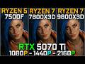 Ryzen 5 7500F vs Ryzen 7 7800X3D vs Ryzen 7 9800X3D | RTX 5070 Ti Bottleneck Test | 1080p, 1440p, 4K