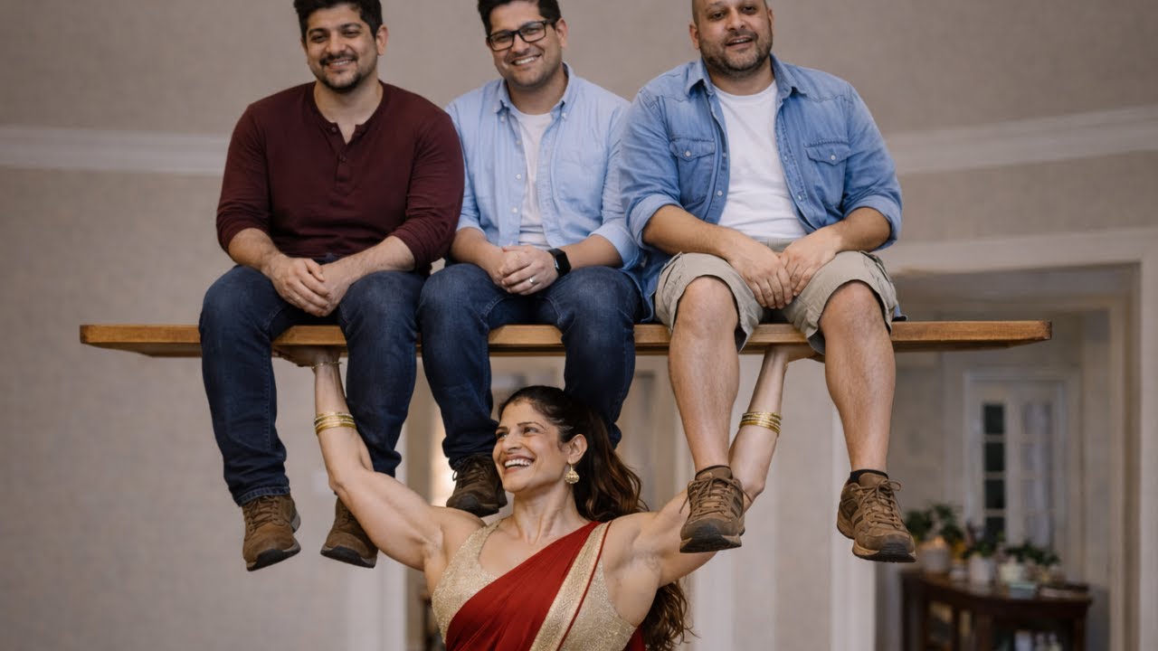 BODYBUILDER WOMAN LIFT CARRY THREE MAN