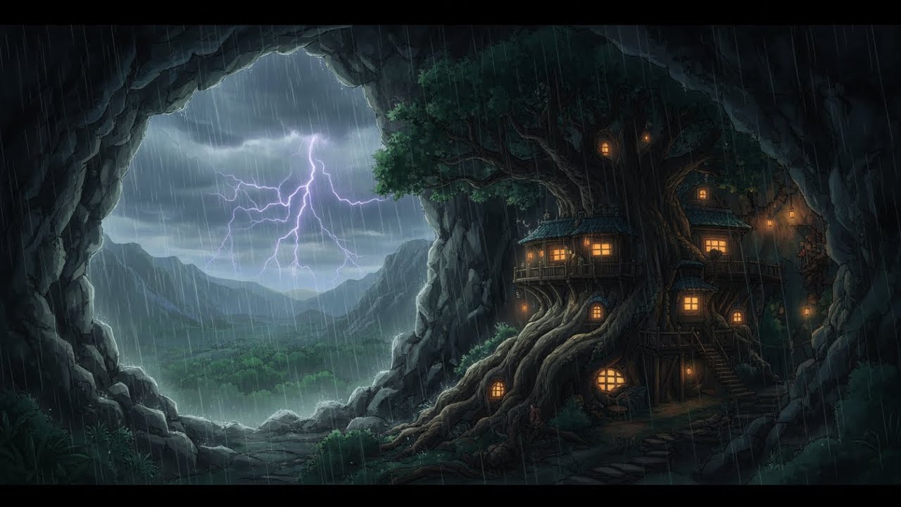 Cozy Rain at the Cliffside Treehouse 🌧️ Studio Ghibli Inspired Anime Ambience for Sleep & Study