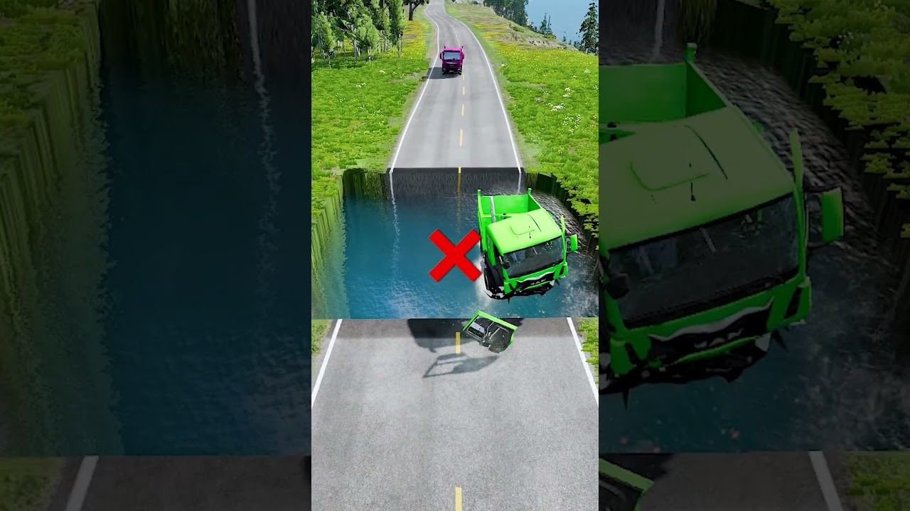 Dump trucks crossing water pit 